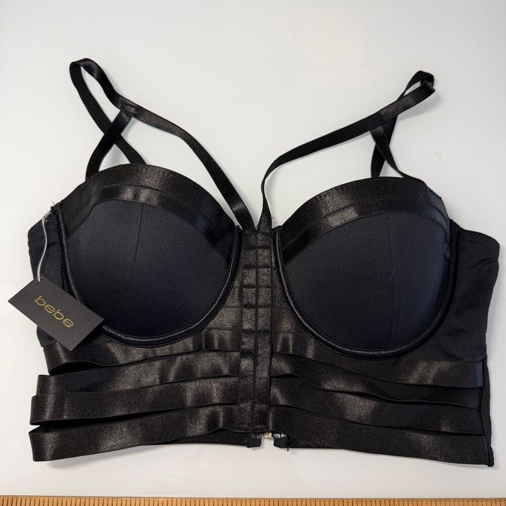Bebe Black Multi-Strap Sleeveless Longline Bustier Crop Top Size Medium NWT